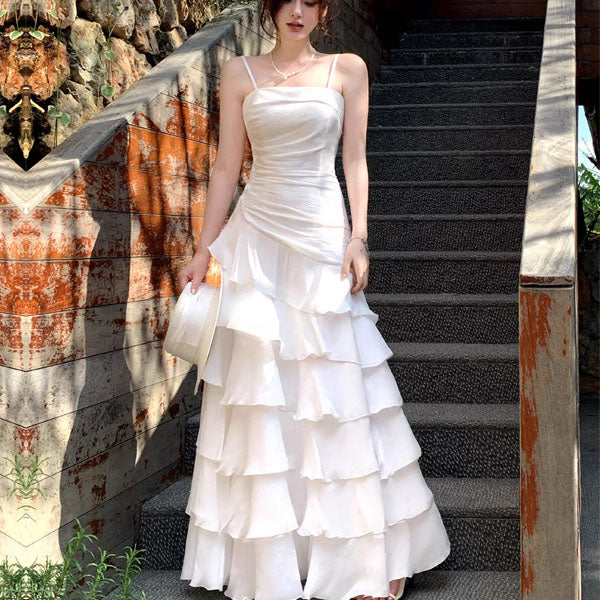 Serenelle Enchanting Pearl White Tiered Ruffles Maxi Dress - Image 5