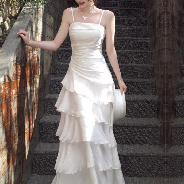 Serenelle Enchanting Pearl White Tiered Ruffles Maxi Dress - Image 6