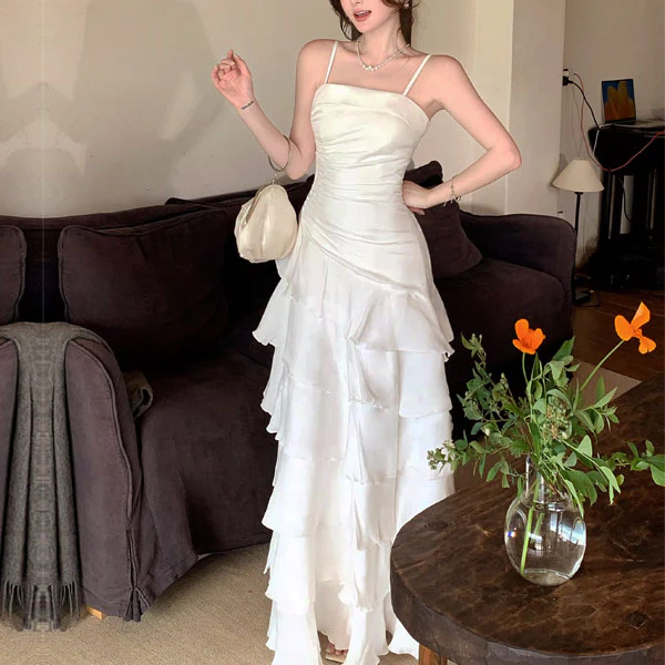 Serenelle Enchanting Pearl White Tiered Ruffles Maxi Dress - Image 7