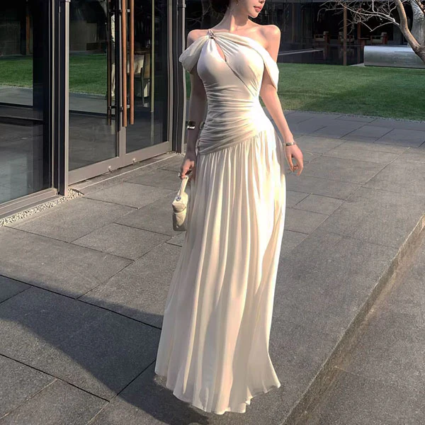 Sierra Elegant Ivory Grecian Goddess Draped Evening Dress