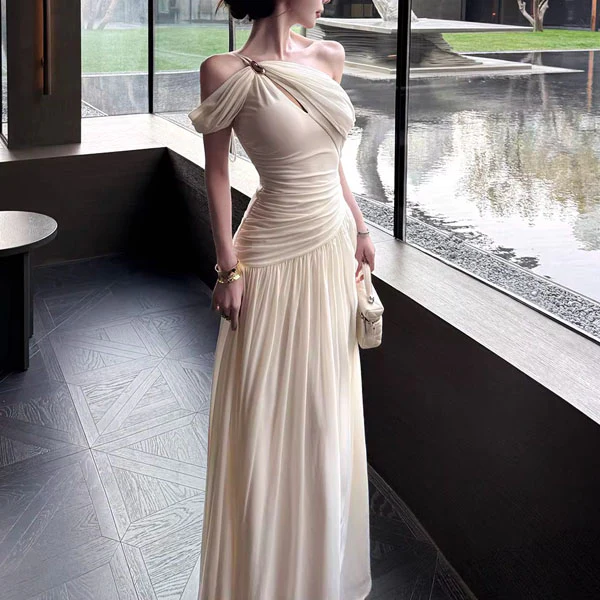 Sierra Elegant Ivory Grecian Goddess Draped Evening Dress - Image 2