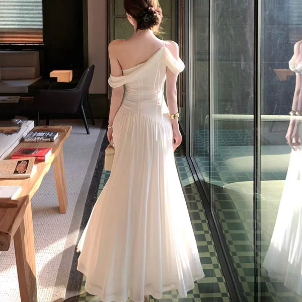 Sierra Elegant Ivory Grecian Goddess Draped Evening Dress - Image 4