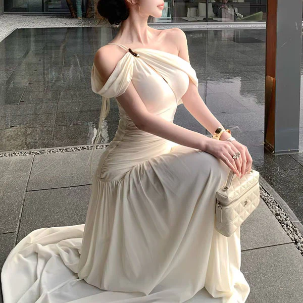 Sierra Elegant Ivory Grecian Goddess Draped Evening Dress - Image 5