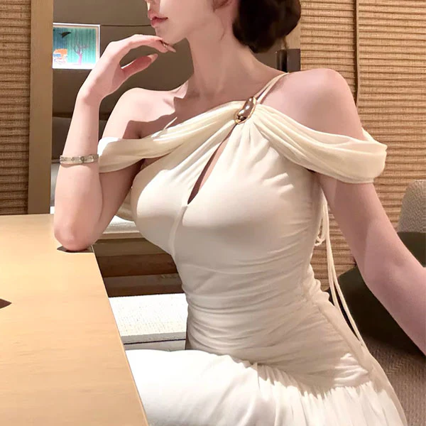 Sierra Elegant Ivory Grecian Goddess Draped Evening Dress - Image 6