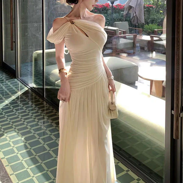 Sierra Elegant Ivory Grecian Goddess Draped Evening Dress - Image 7