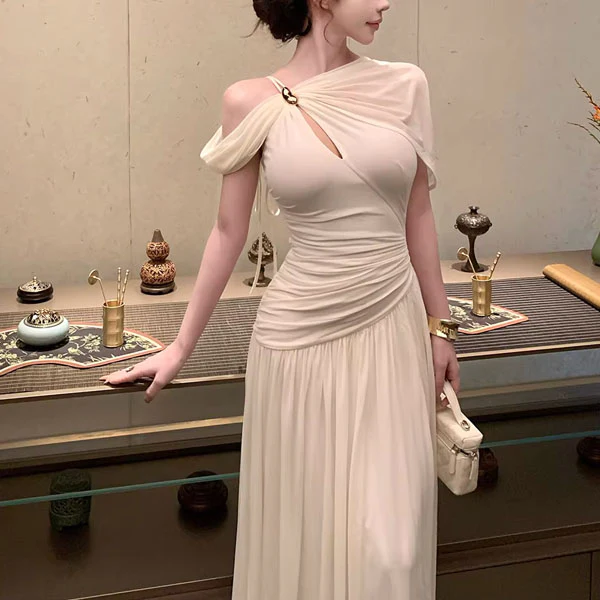 Sierra Elegant Ivory Grecian Goddess Draped Evening Dress - Image 8
