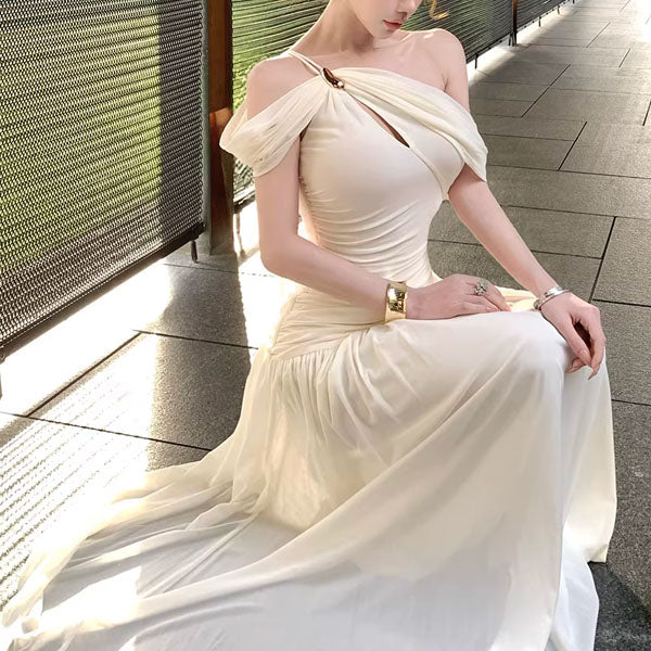Sierra Elegant Ivory Grecian Goddess Draped Evening Dress - Image 9