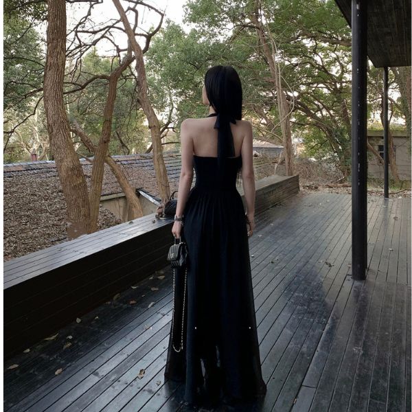 Solenne Black Elegance Pleated Halter Dress - Image 2