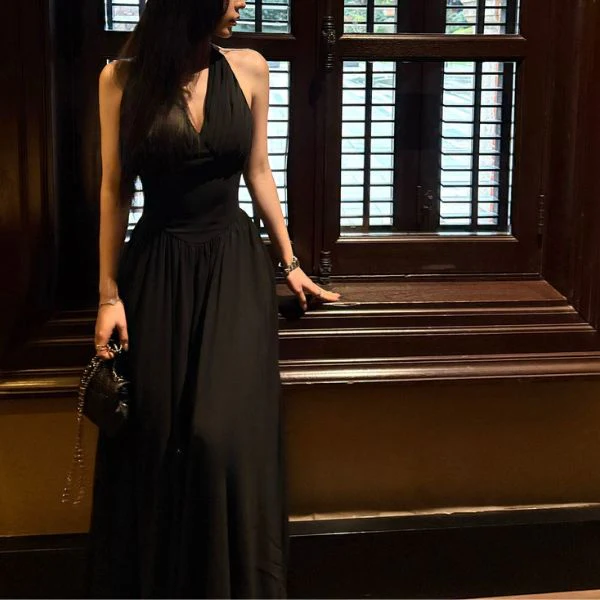 Solenne Black Elegance Pleated Halter Dress - Image 4