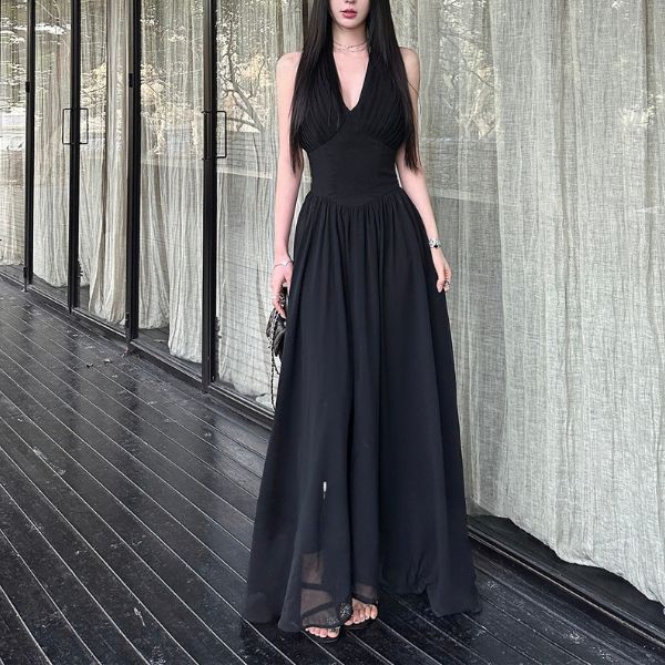 Solenne Black Elegance Pleated Halter Dress - Image 5