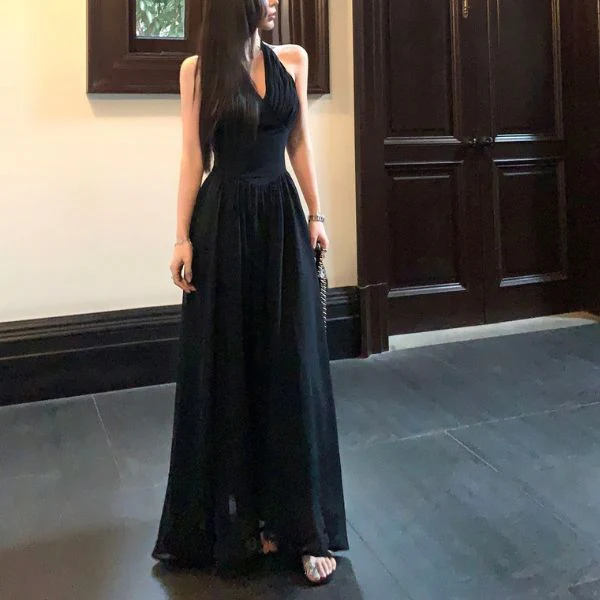 Solenne Black Elegance Pleated Halter Dress - Image 6