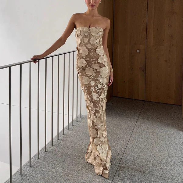 Sonia Floral Embroidery Strapless Evening Dress - Image 3