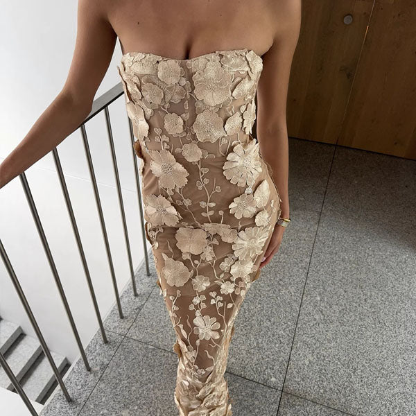 Sonia Floral Embroidery Strapless Evening Dress - Image 4
