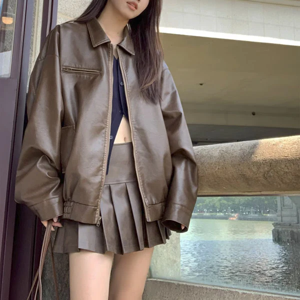 Sophia Zip Front Relax PU Leather Jacket - Image 11