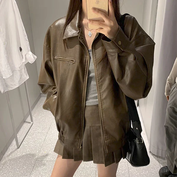 Sophia Zip Front Relax PU Leather Jacket - Image 9