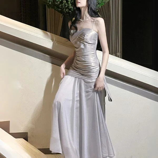 Sylvette Silver Satin Sweetheart Neckline Ruched Evening Dress - Image 2