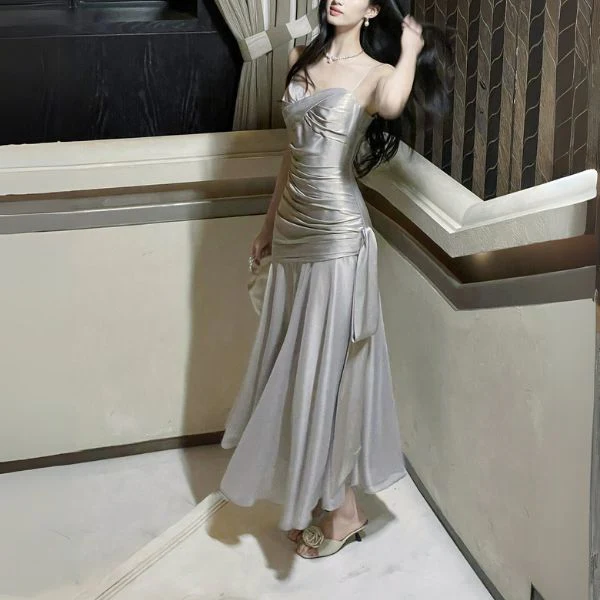 Sylvette Silver Satin Sweetheart Neckline Ruched Evening Dress - Image 3