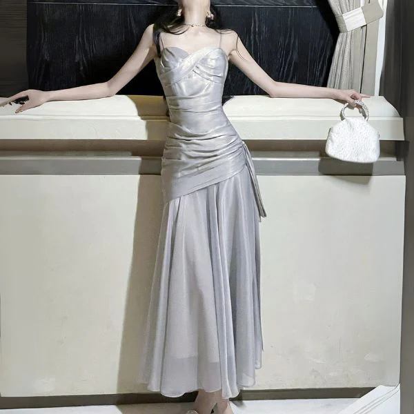Sylvette Silver Satin Sweetheart Neckline Ruched Evening Dress - Image 4