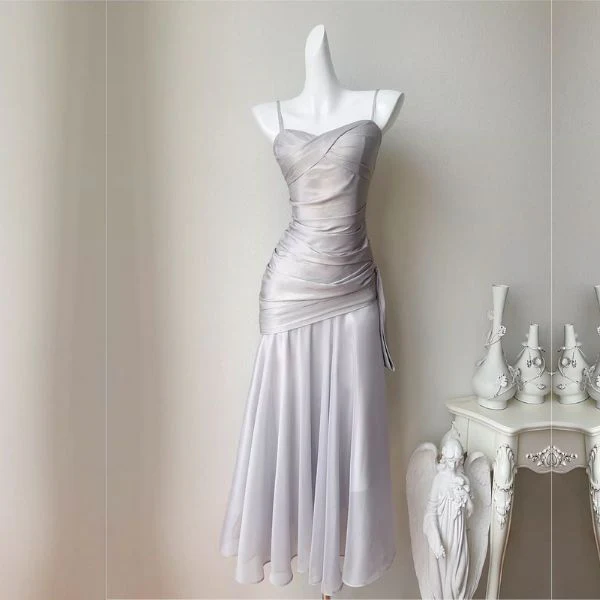 Sylvette Silver Satin Sweetheart Neckline Ruched Evening Dress - Image 6