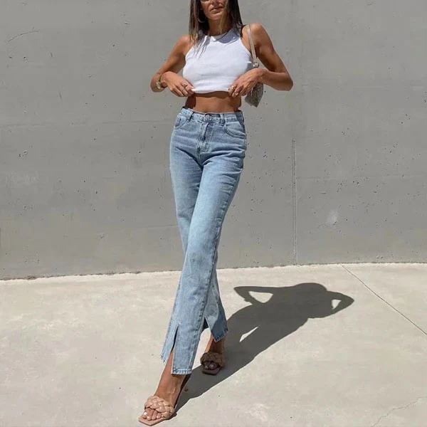 Tania High Rise Front Slit Straight Leg Denim Jeans - Image 3