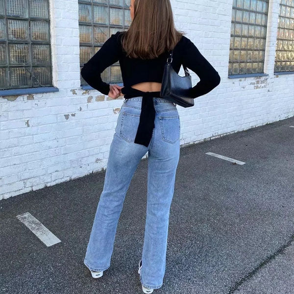 Tania High Rise Front Slit Straight Leg Denim Jeans - Image 4