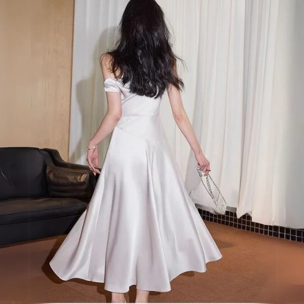 Valentina Elegant Ivory Draped Off Shoulder Evening Dress - Image 2