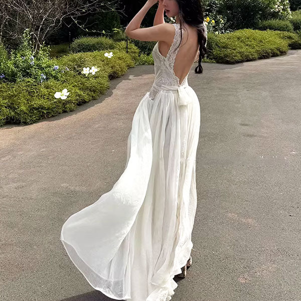 Valerine Romantic Ivory Lace Bodice Open Back Dress - Image 6