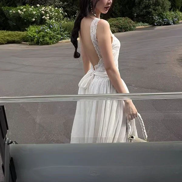 Valerine Romantic Ivory Lace Bodice Open Back Dress - Image 8