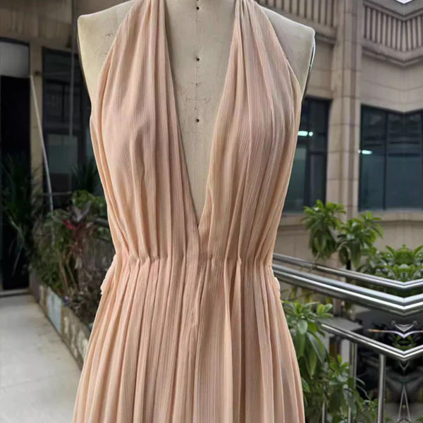 Venus Elegant Open Back Plunge Neck Flowy Halter Dress - Image 12
