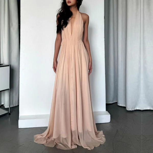 Venus Elegant Open Back Plunge Neck Flowy Halter Dress - Image 3
