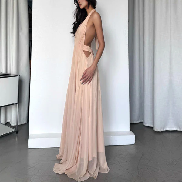 Venus Elegant Open Back Plunge Neck Flowy Halter Dress - Image 4