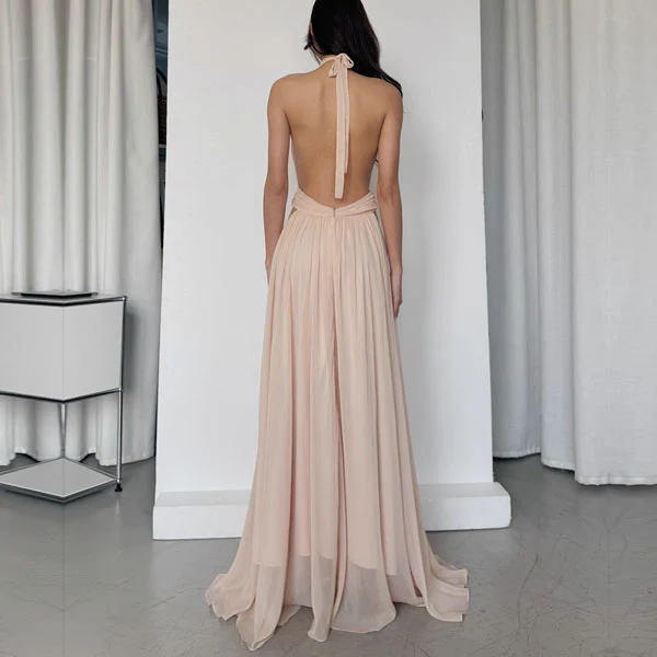 Venus Elegant Open Back Plunge Neck Flowy Halter Dress - Image 5