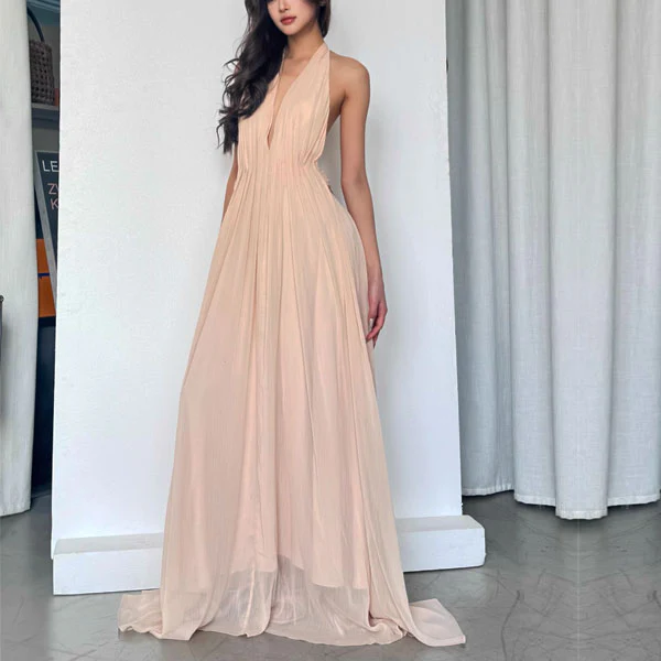 Venus Elegant Open Back Plunge Neck Flowy Halter Dress - Image 6