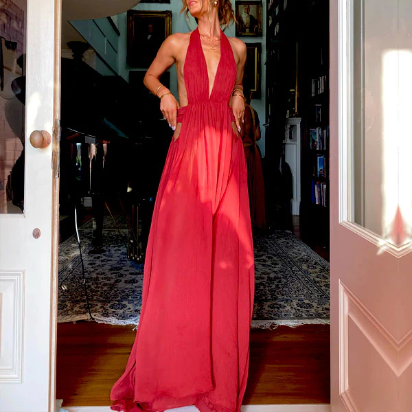 Venus Elegant Open Back Plunge Neck Flowy Halter Dress - Image 7
