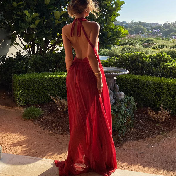 Venus Elegant Open Back Plunge Neck Flowy Halter Dress - Image 9