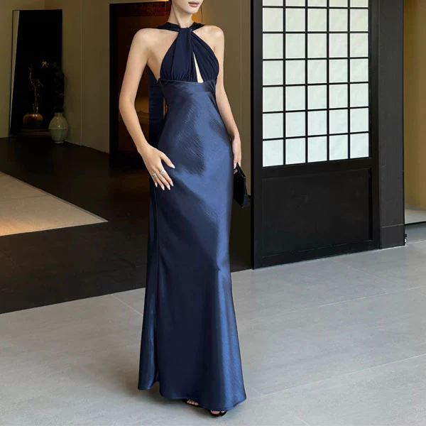 Venus Midnight Navy Elegance Satin Maxi Dress