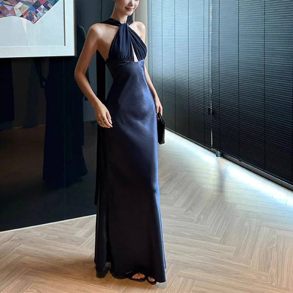 Venus Midnight Navy Elegance Satin Maxi Dress - Image 3