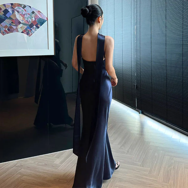 Venus Midnight Navy Elegance Satin Maxi Dress - Image 4