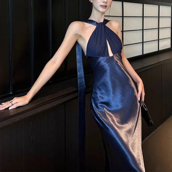 Venus Midnight Navy Elegance Satin Maxi Dress - Image 5