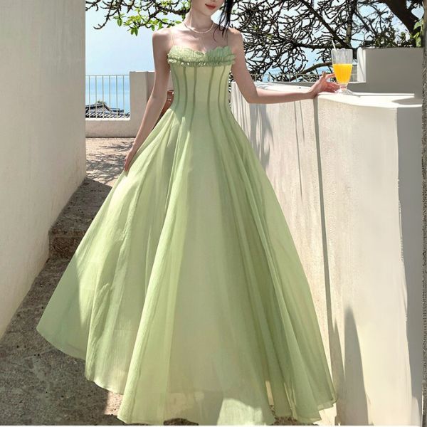Willow Meadow Light Green Romantic Ruffles Neckline Dress - Image 3