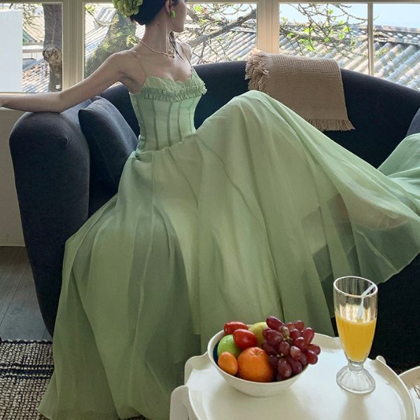 Willow Meadow Light Green Romantic Ruffles Neckline Dress - Image 7