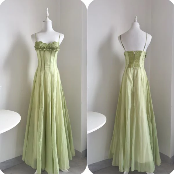 Willow Meadow Light Green Romantic Ruffles Neckline Dress - Image 8
