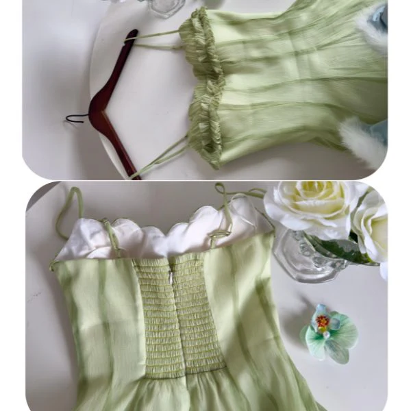 Willow Meadow Light Green Romantic Ruffles Neckline Dress - Image 9