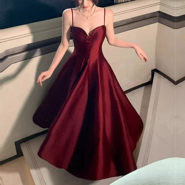 Yolanda Elegant Wine Red Sweetheart Midi Flare Dress