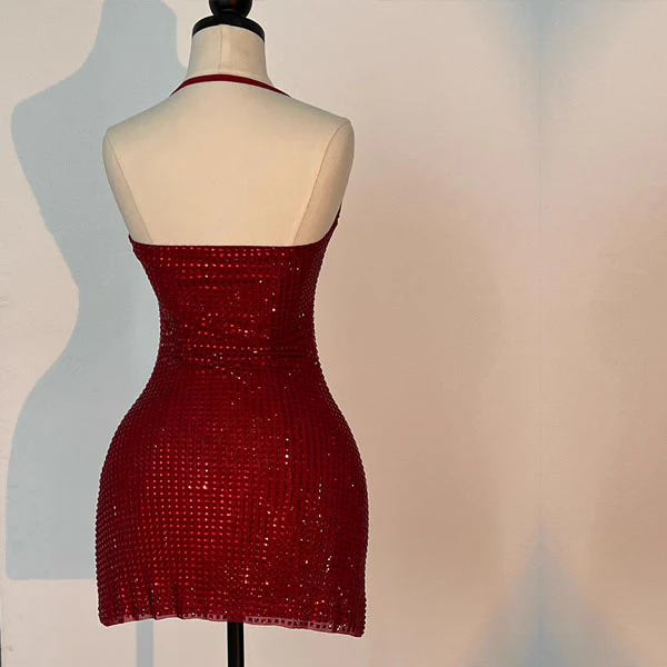 Zoey Sparkling Red Glitter Halter Mini Dress - Image 6